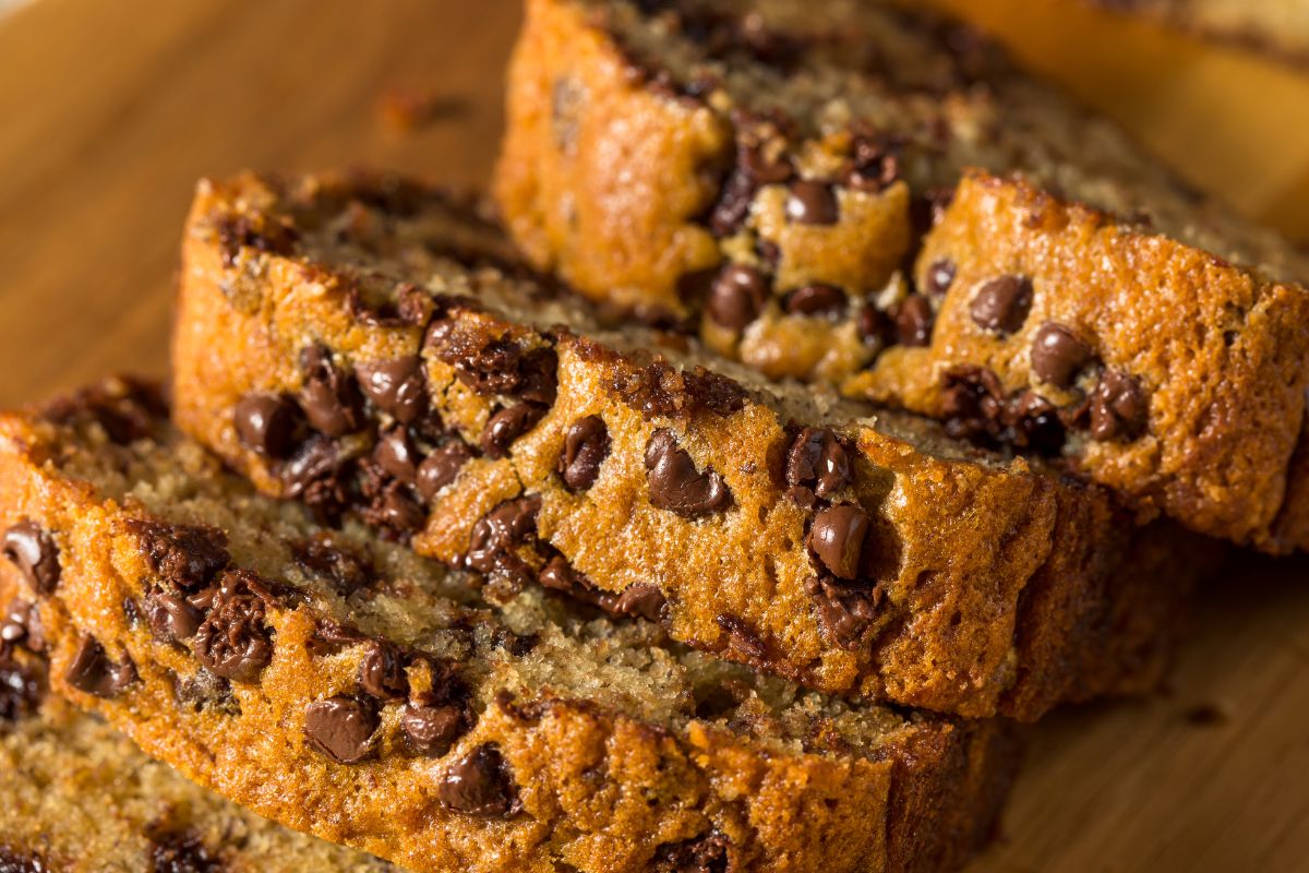 Homemade sourdough banana cake topped with walnuts