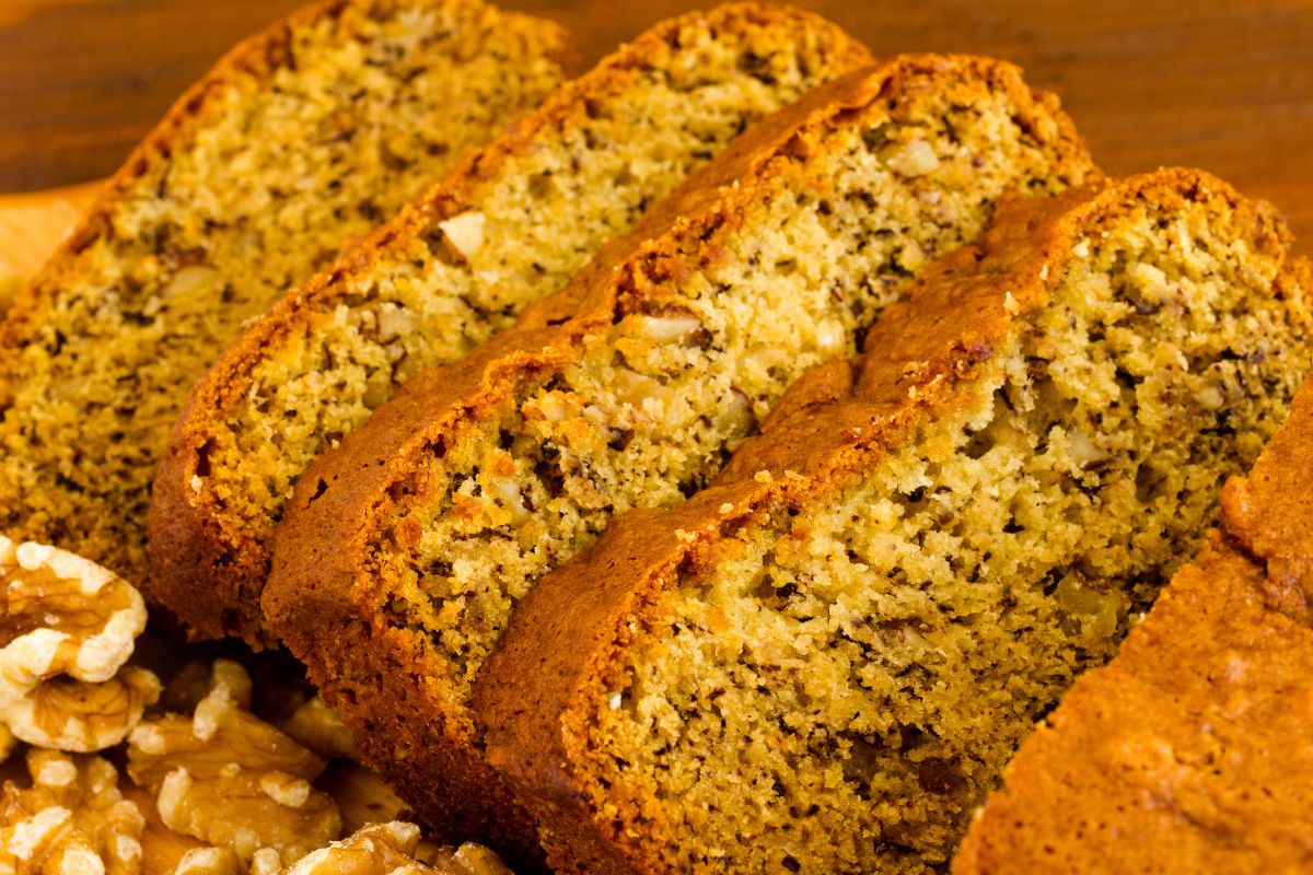 Sliced sourdough banana bread on a plate