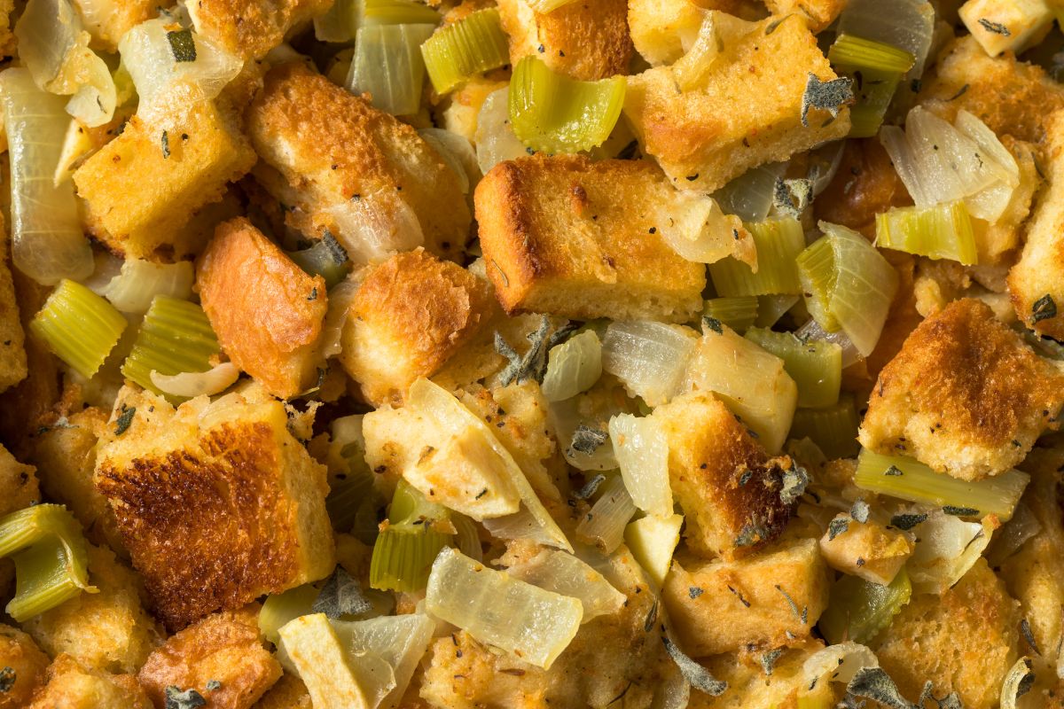 Baked sourdough bread stuffing in a dish