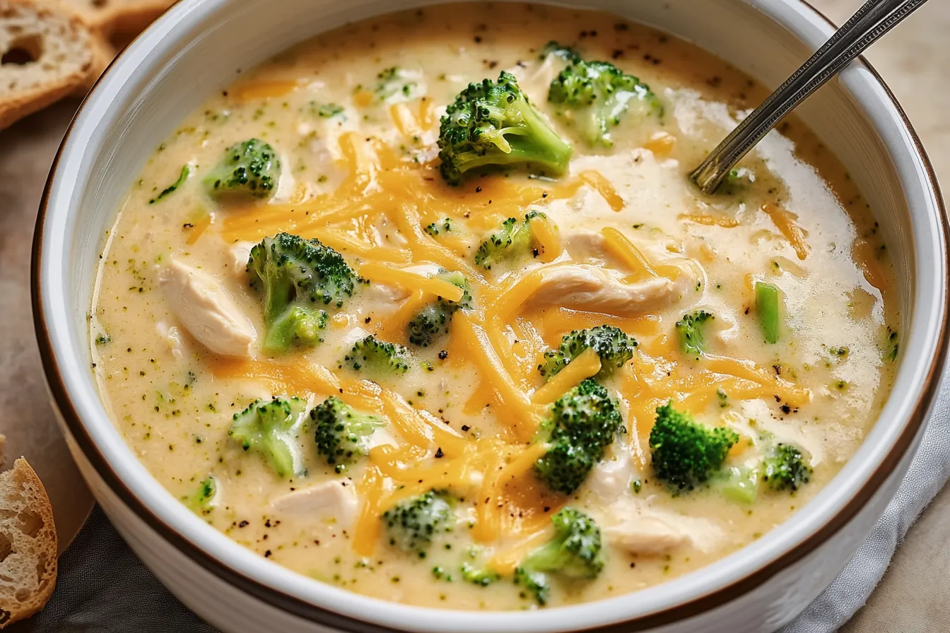 Bowl of creamy Chicken Broccoli Cheddar Soup, garnished with shredded cheddar and chives.