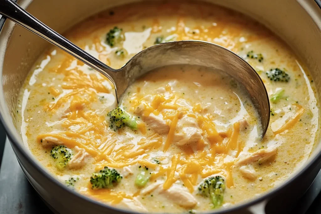 Close-up of Chicken Broccoli Cheddar Soup, showing the smooth, creamy texture and pieces of chicken and broccoli.