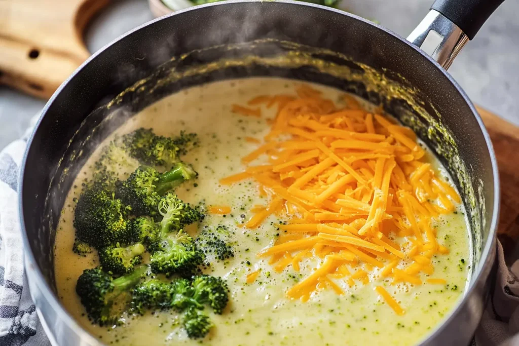 Fresh ingredients laid out for making creamy Chicken Broccoli Cheddar Soup, including vegetables, cheese, and chicken.