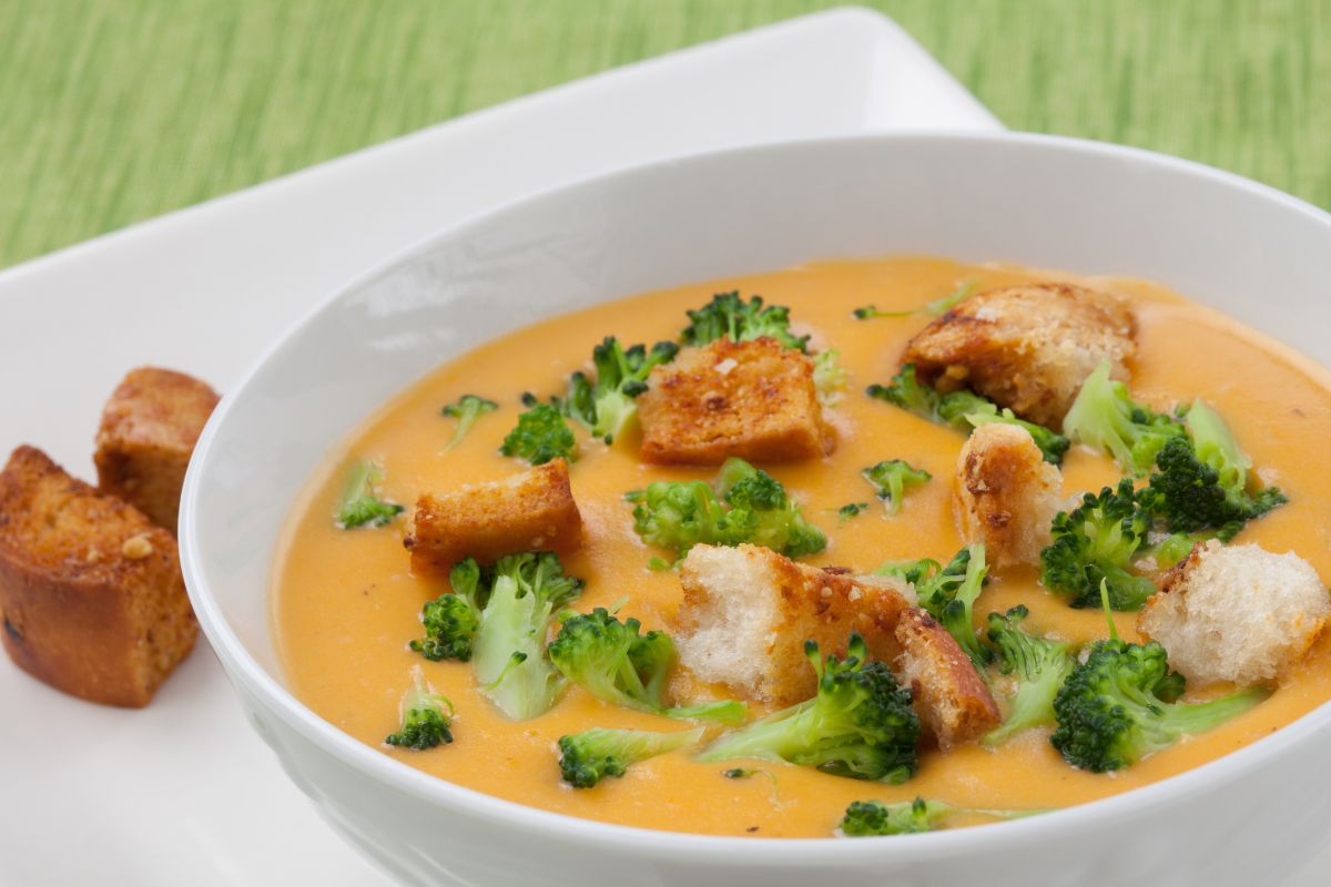 Roasted sweet potatoes as a side to broccoli and cheese soup