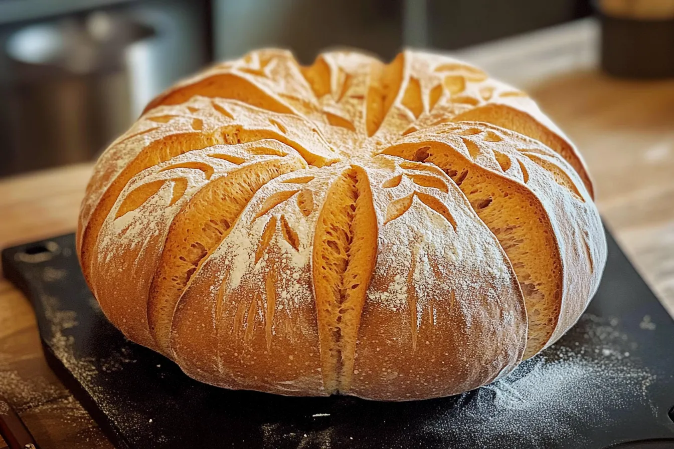 Close-up of a slice of pumpkin sourdough bread, showing the airy crumb and texture.