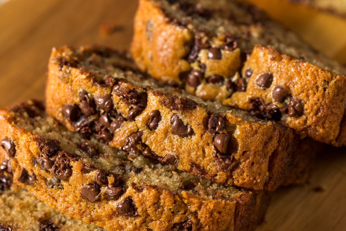 Homemade sourdough banana cake topped with chocolate 