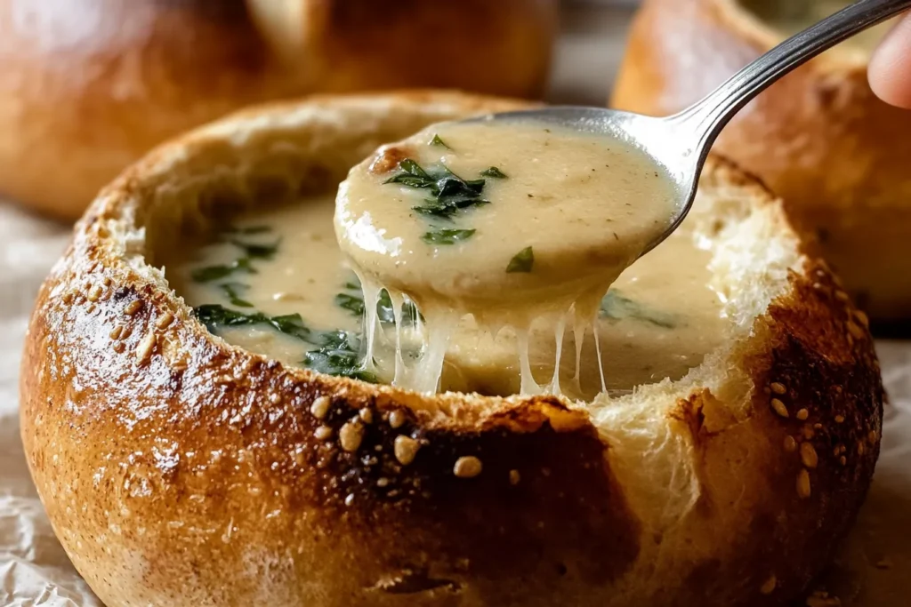 Ingredients for sourdough bread bowls: flour, water, salt, and sourdough starter in separate bowls