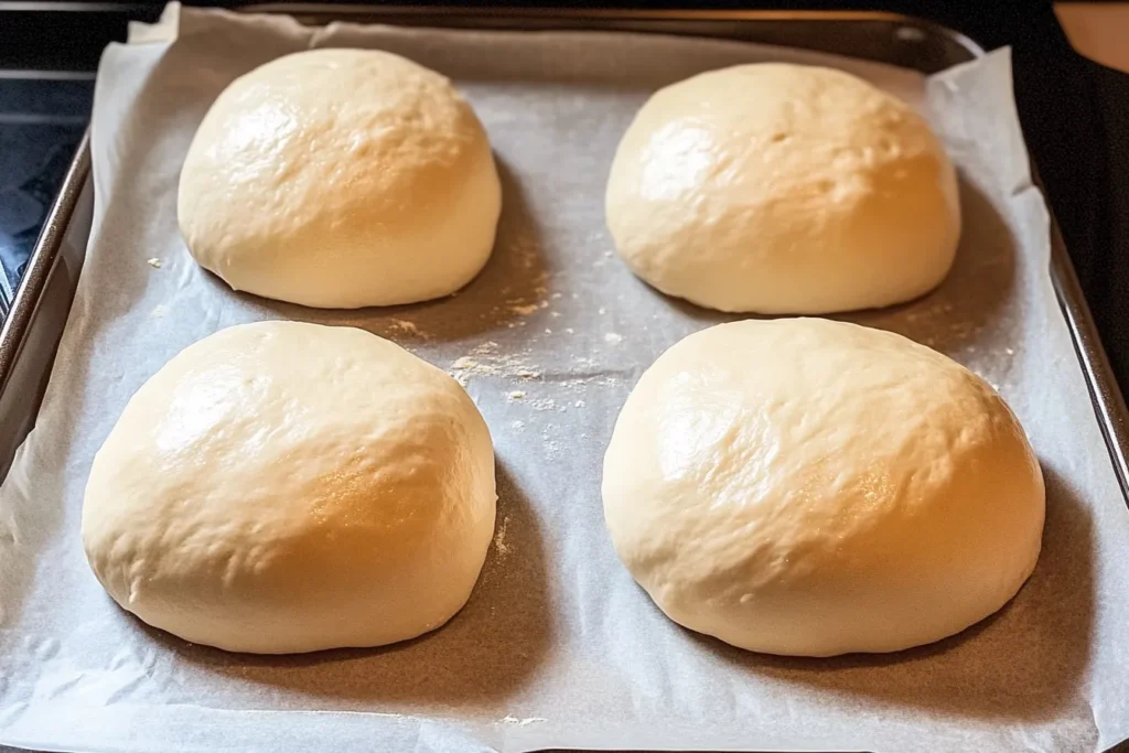 Hands shaping sourdough bread bowl dough on a lightly floured surface.