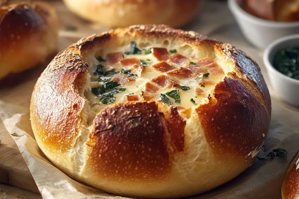 Finished sourdough bread bowl filled with creamy tomato soup, garnished with basil