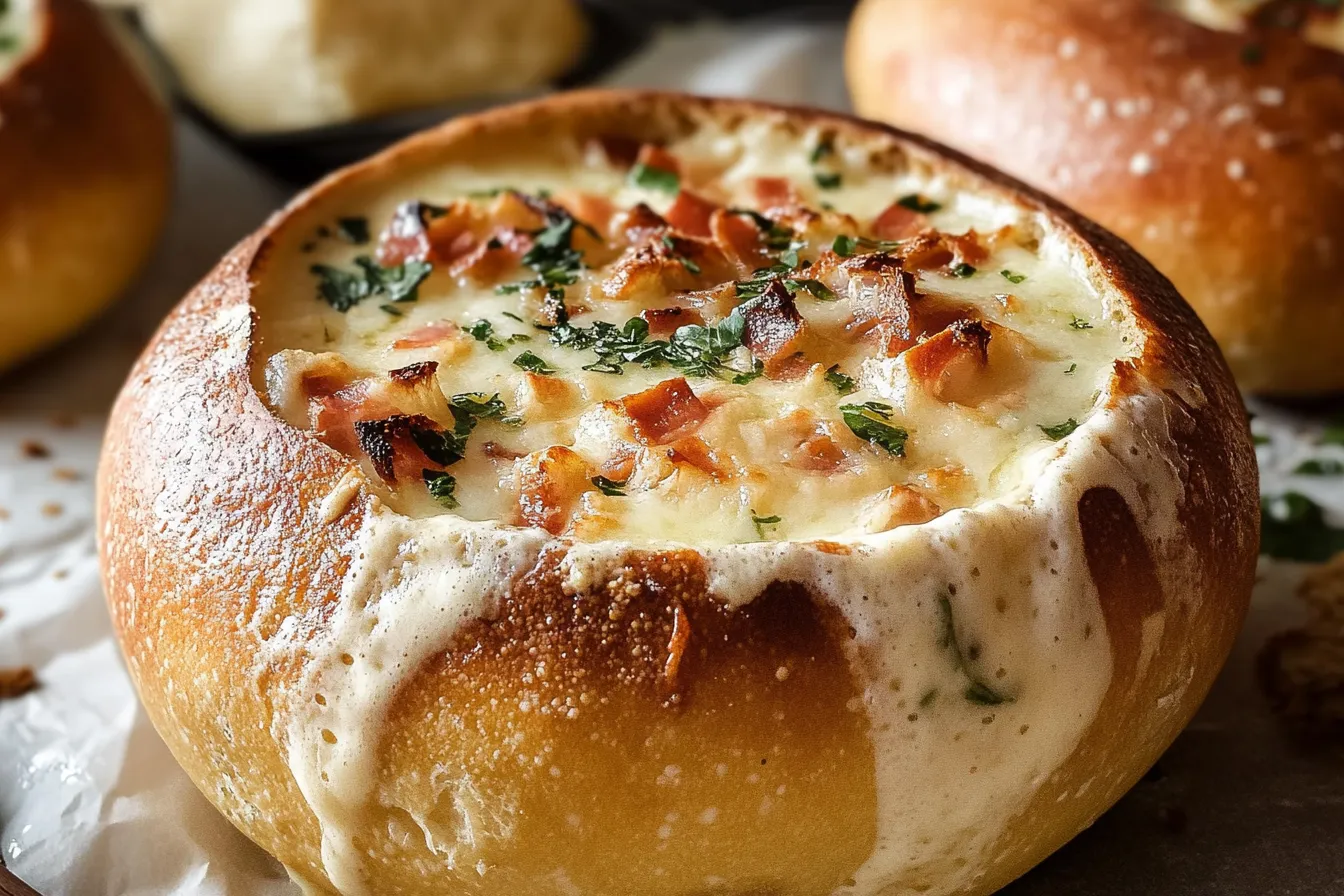 Finished sourdough bread bowl filled with creamy tomato soup, garnished with basil