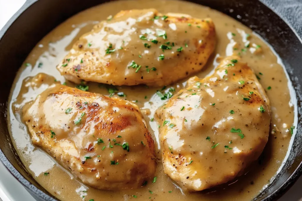 Plated Chicken and Gravy Recipe, showing tender chicken smothered in luscious, creamy gravy, served over mashed potatoes