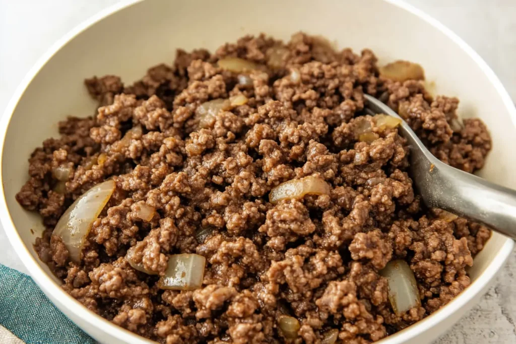 Classic Tater Tot Cowboy Casserole - Close-up of Cheesy Filling and Crispy Topping