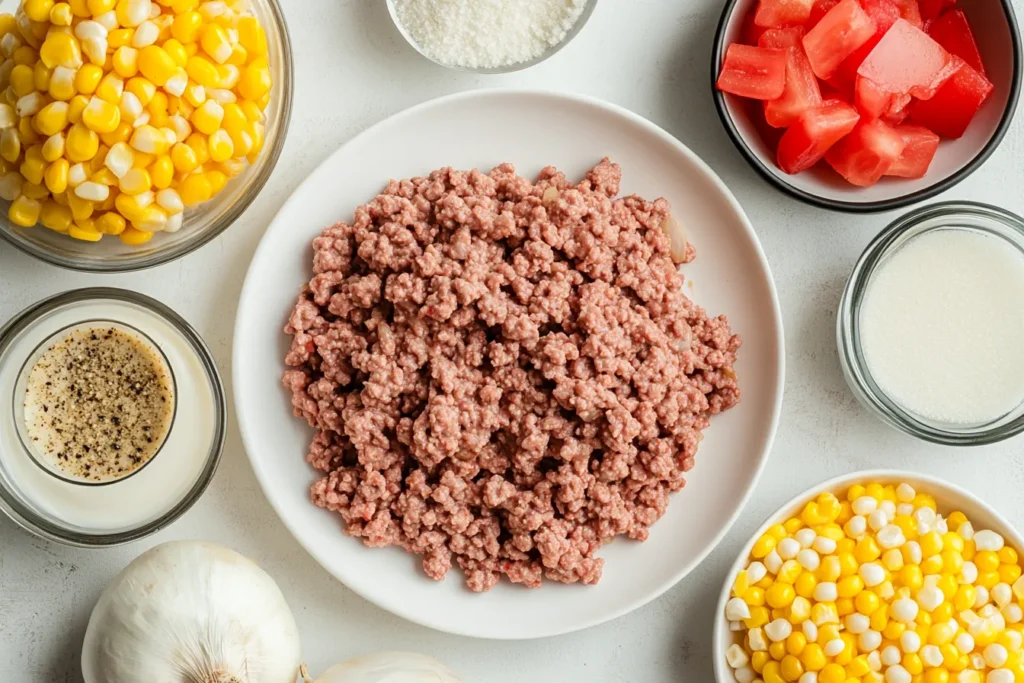 Ingredients for Cowboy Casserole: Ground Beef, Beans, Corn, Cheese, Tater Tots