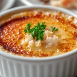 Finished Crab Brulee recipe in ramekins, showing golden caramelized sugar crust and creamy crab custard underneath.