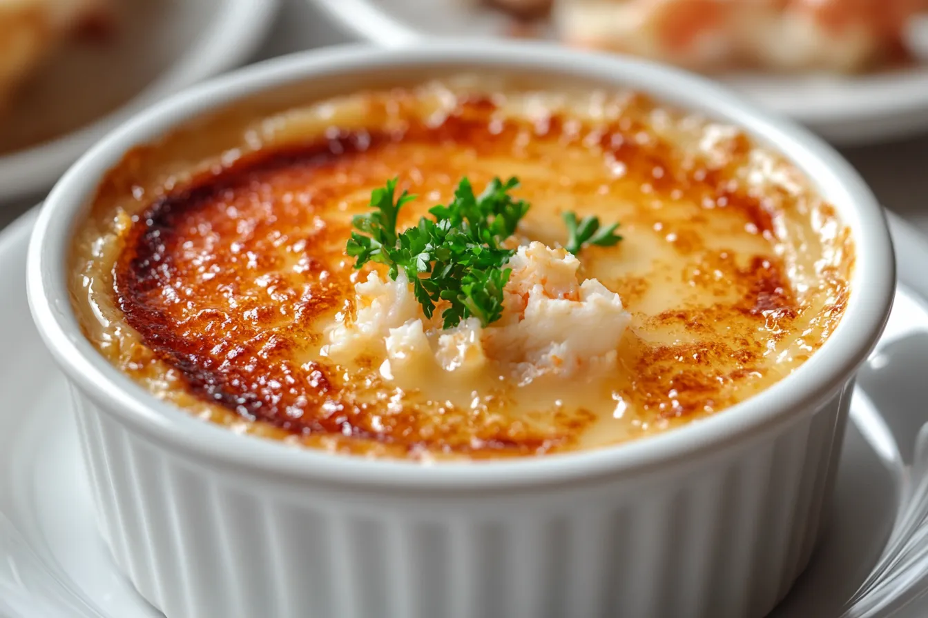 Finished Crab Brulee recipe in ramekins, showing golden caramelized sugar crust and creamy crab custard underneath.