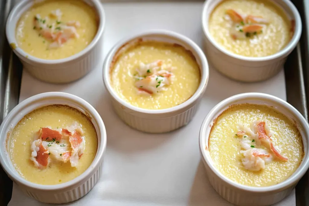 Finished Crab Brulee Recipe in ramekins, showing golden caramelized sugar crust and creamy crab custard underneath