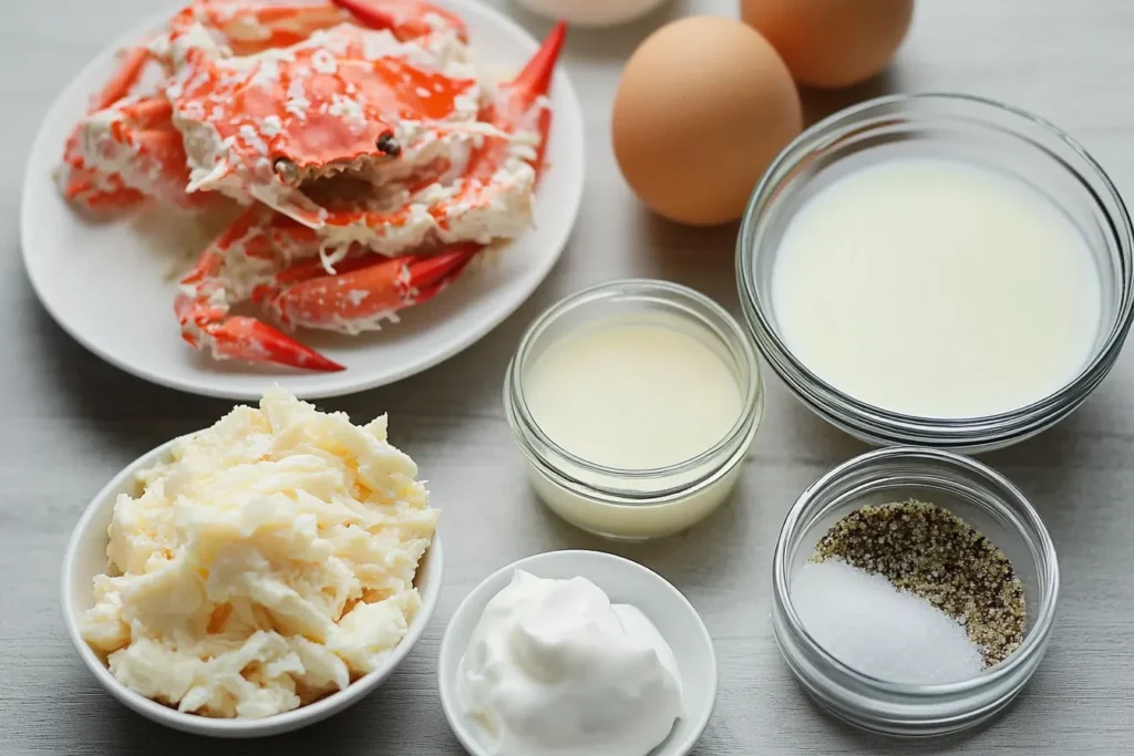 Ingredients for Crab Brulee Recipe: lump crab meat, heavy cream, egg yolks, sugar, and seasonings on a countertop.