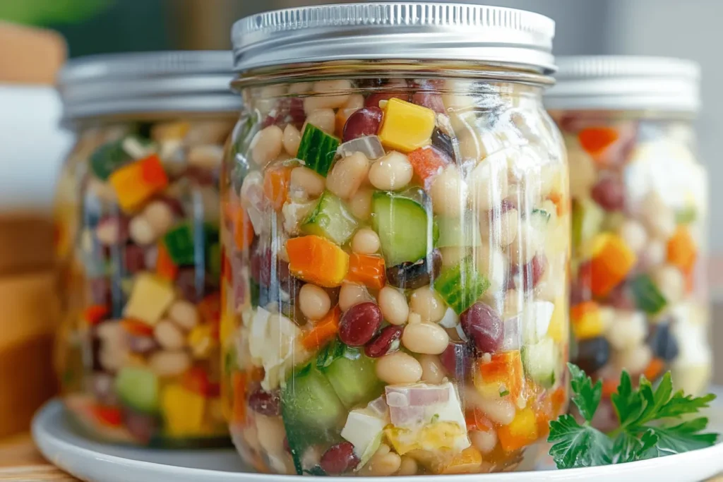 Making Dense Bean Salad: Step-by-step photo showing the combination of beans, chopped vegetables, and vinaigrette dressing