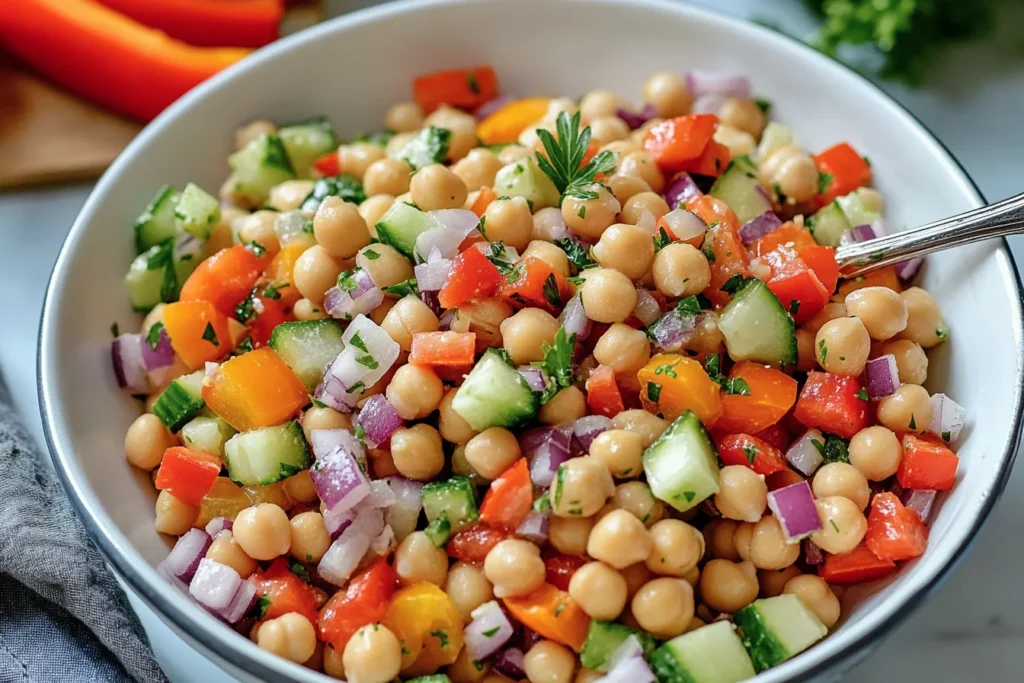 Dense Bean Salad: A colorful bowl of mixed beans, red onion, bell peppers, and fresh parsley, dressed and ready to eat