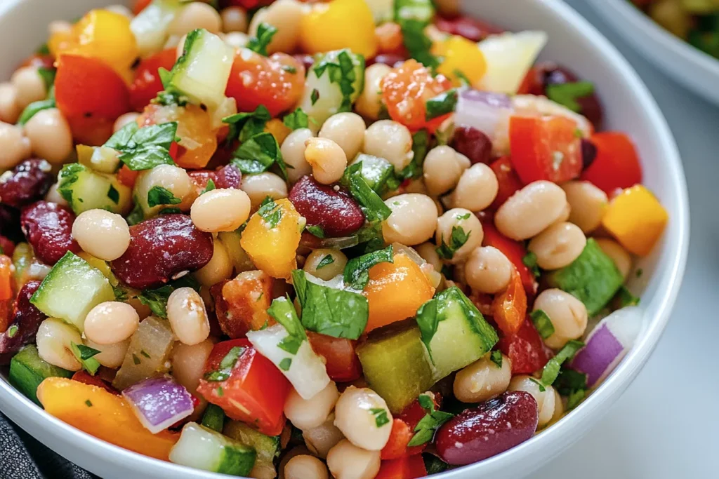 Healthy Dense Bean Salad Recipe - close-up shot showing the texture of kidney beans, chickpeas, and vegetables