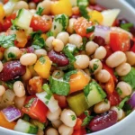 Healthy Dense Bean Salad Recipe - close-up shot showing the texture of kidney beans, chickpeas, and vegetables