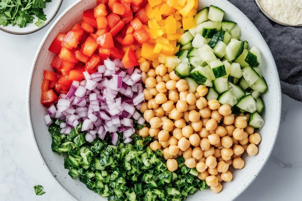 Making Dense Bean Salad: Step-by-step photo showing the combination of beans, chopped vegetables, and vinaigrette dressing