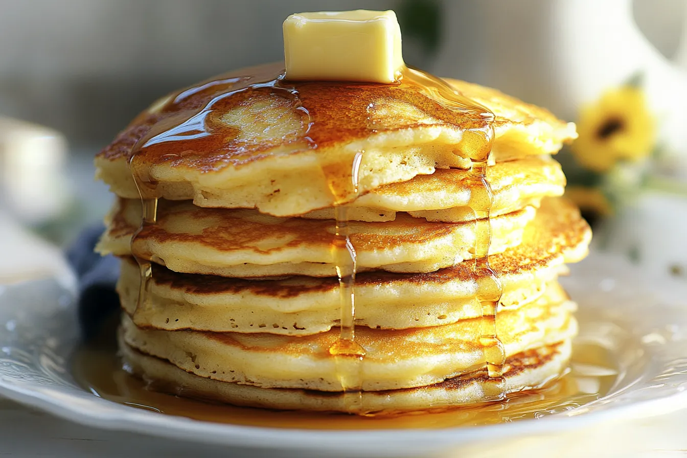 Perfectly cooked hotcakes made from a quick Hotcake Mix Recipe, topped with syrup