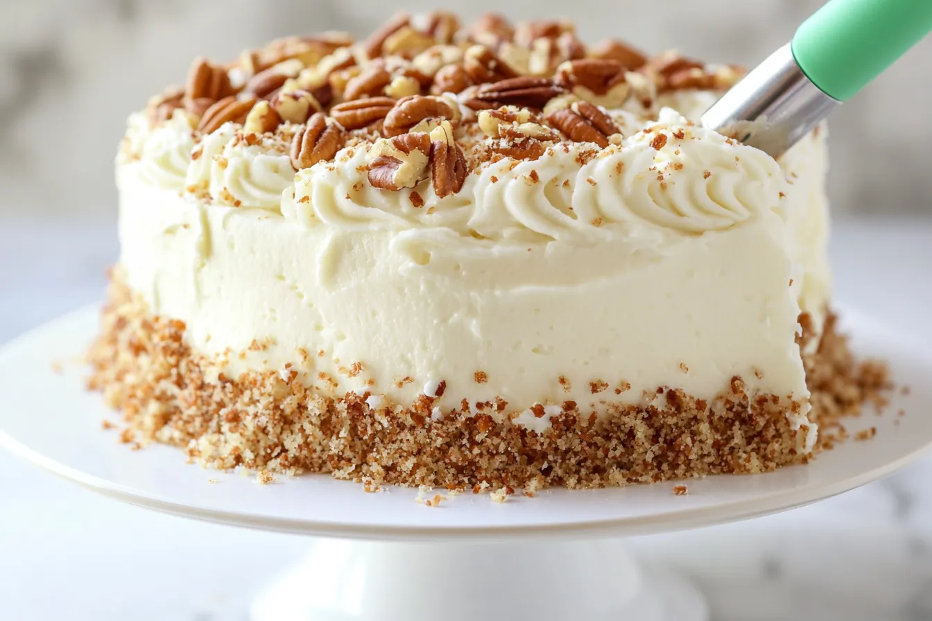 Classic Italian Cream Cake: A three-layer cake with cream cheese frosting, decorated with pecans and coconut flakes