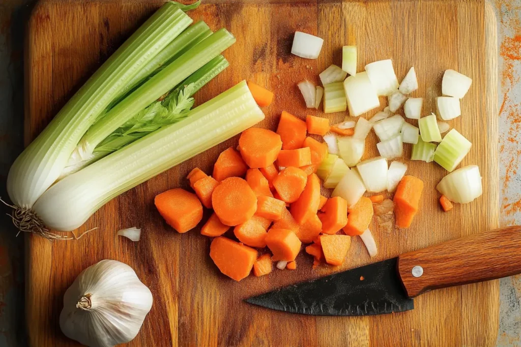 Step-by-step process: Sautéing carrots, celery, and onions in a pot as the base for Italian Penicillin Soup.