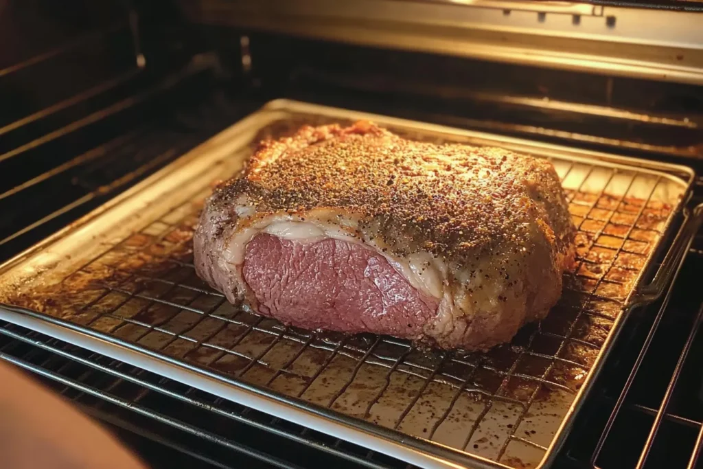 Hands seasoning a Ribeye Roast with salt and pepper before cooking