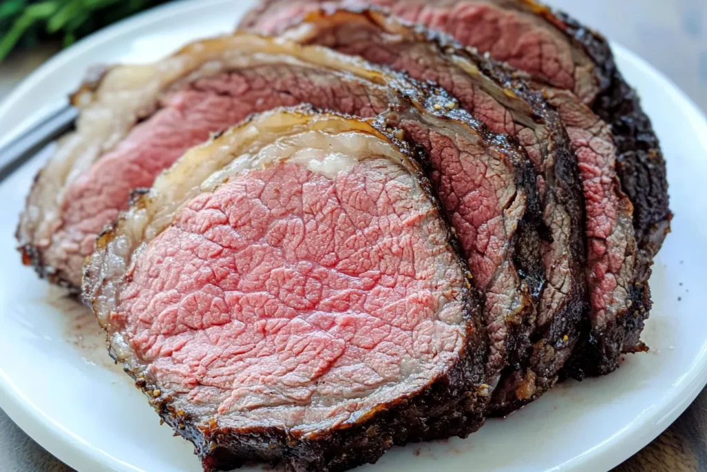 Sliced Ribeye Roast Recipe on a platter, served with roasted potatoes and asparagus.