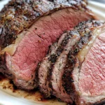 Perfectly cooked medium-rare Ribeye Roast Recipe, sliced to show juicy, tender interior.