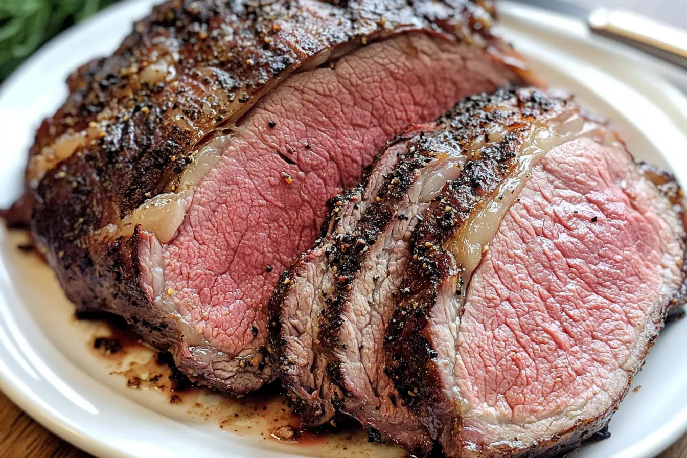 Perfectly cooked medium-rare Ribeye Roast Recipe, sliced to show juicy, tender interior.