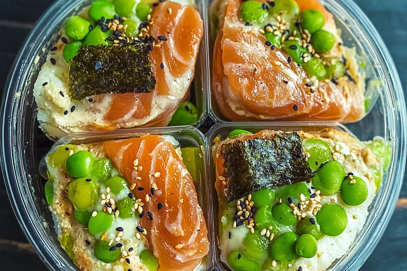 Close-up of a delicious, freshly baked sushi bake, showing layers of rice, salmon, spicy mayo, and furikake topping.