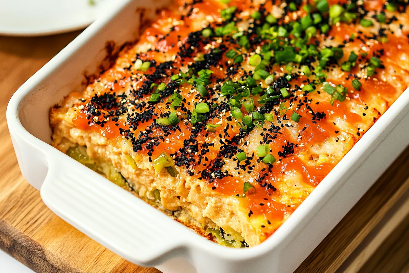 Close-up of a delicious, freshly baked sushi bake, showing layers of rice, salmon, spicy mayo, and furikake topping.