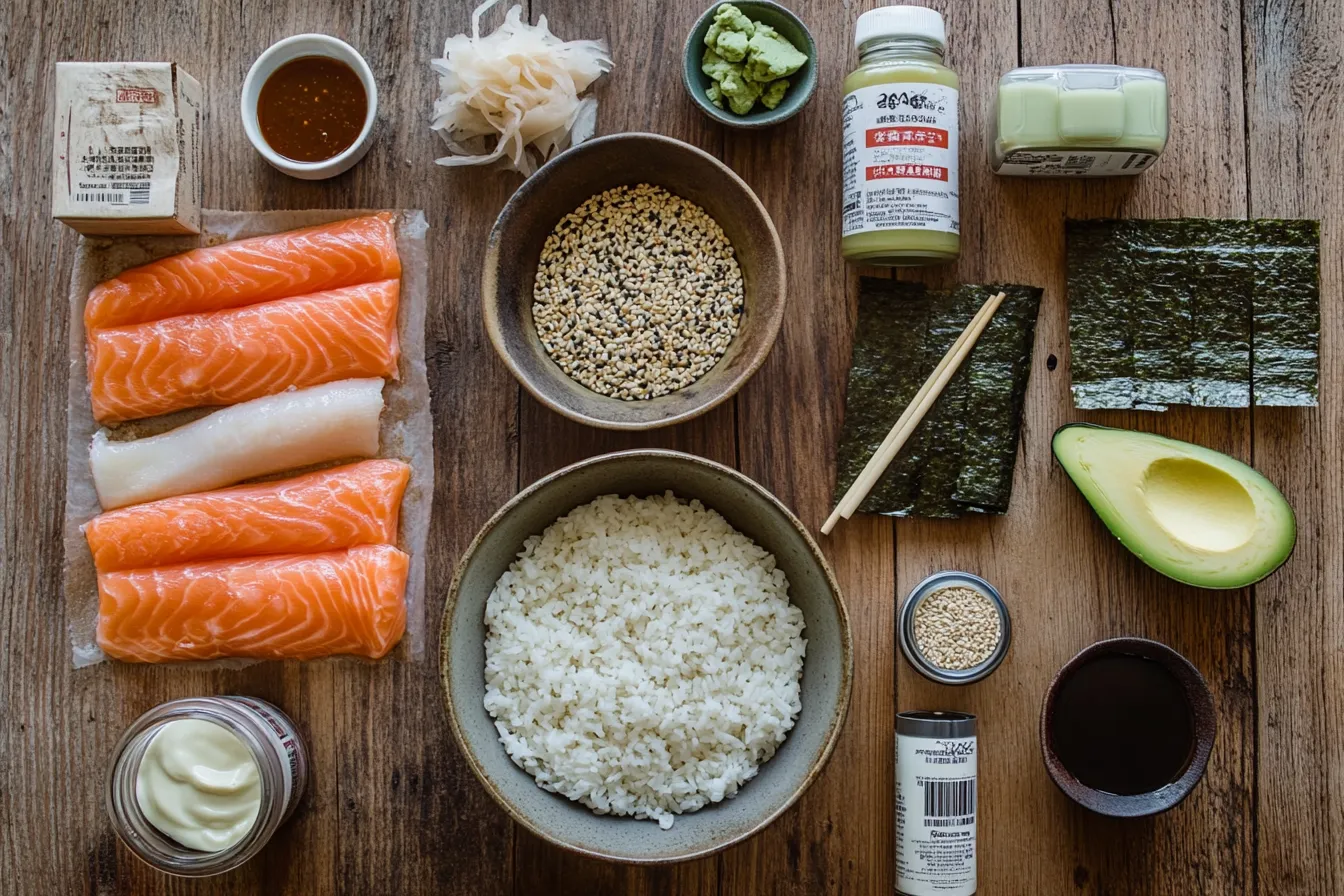 Ingredients for making sushi bake arranged on a table: sushi rice, rice vinegar, salmon, crab, avocado, furikake, spicy mayo, and nori sheets.