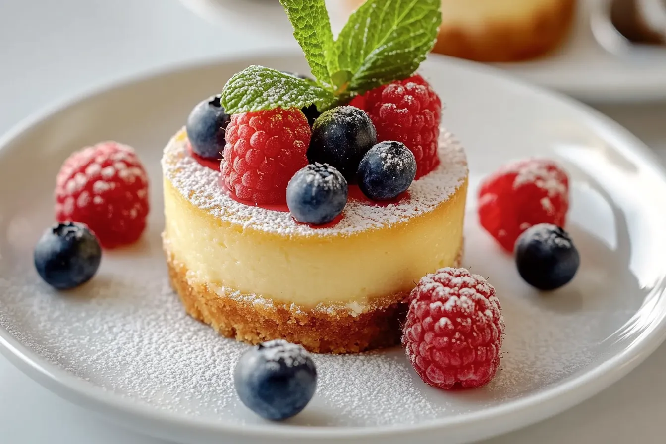 A beautifully plated Mini Cheesecake Recipe, garnished with fresh berries and mint