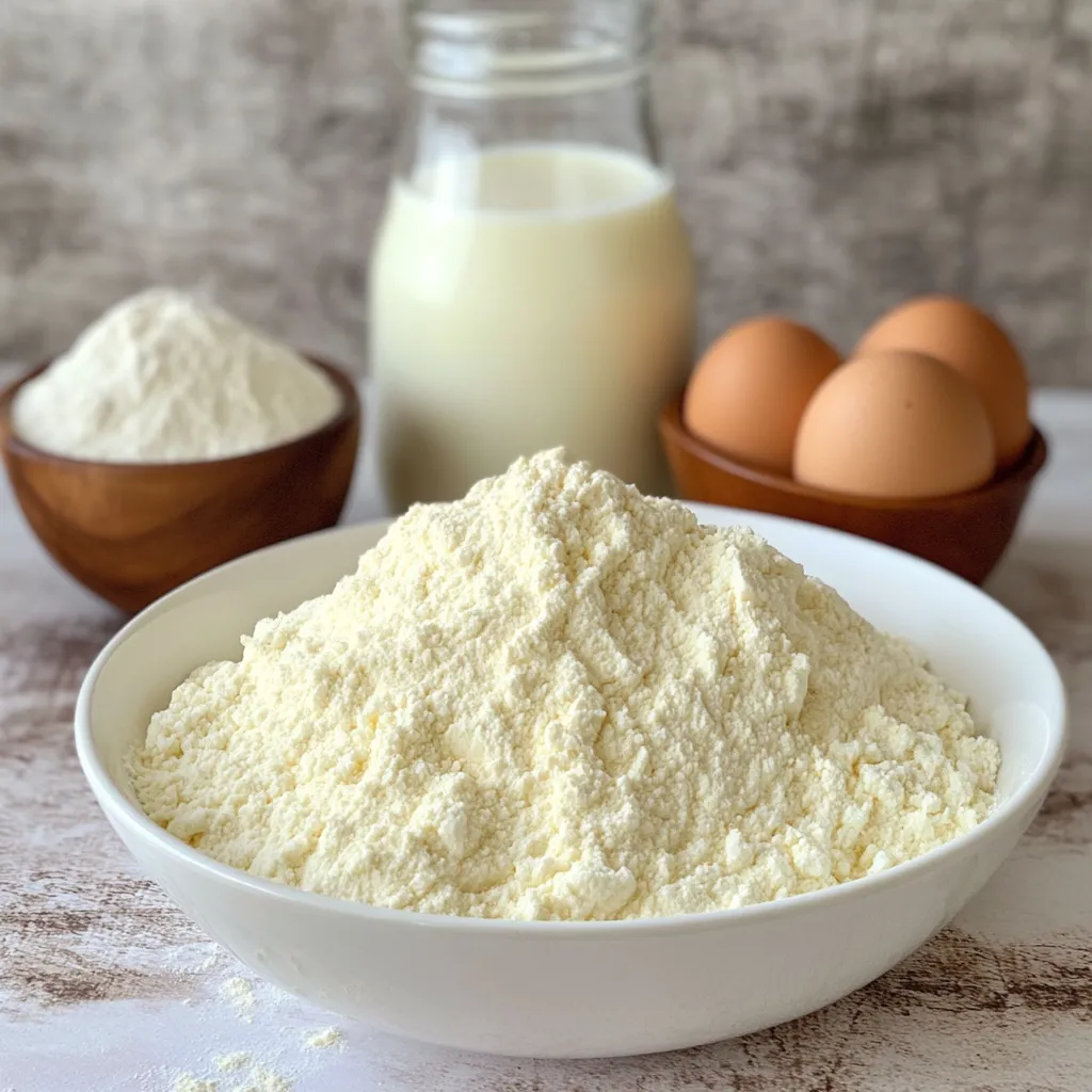 Ingredients for a quick and easy cinnamon muffin recipe laid out on a counter: flour, sugar, cinnamon, eggs, milk, and melted butter