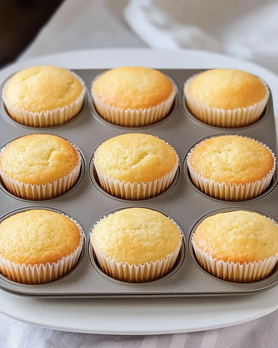 Candy Corn Cupcakes A picture of baked, unfrosted Candy Corn Cupcakes on a wire cooling rack, showing the distinct yellow, orange, and white layers inside.