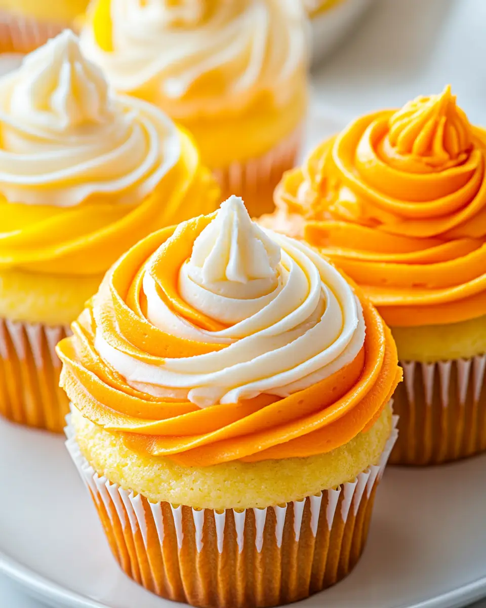 A close-up shot of a vibrant, tri-colored candy corn cupcakes with a swirl of white frosting and a single candy corn on top.