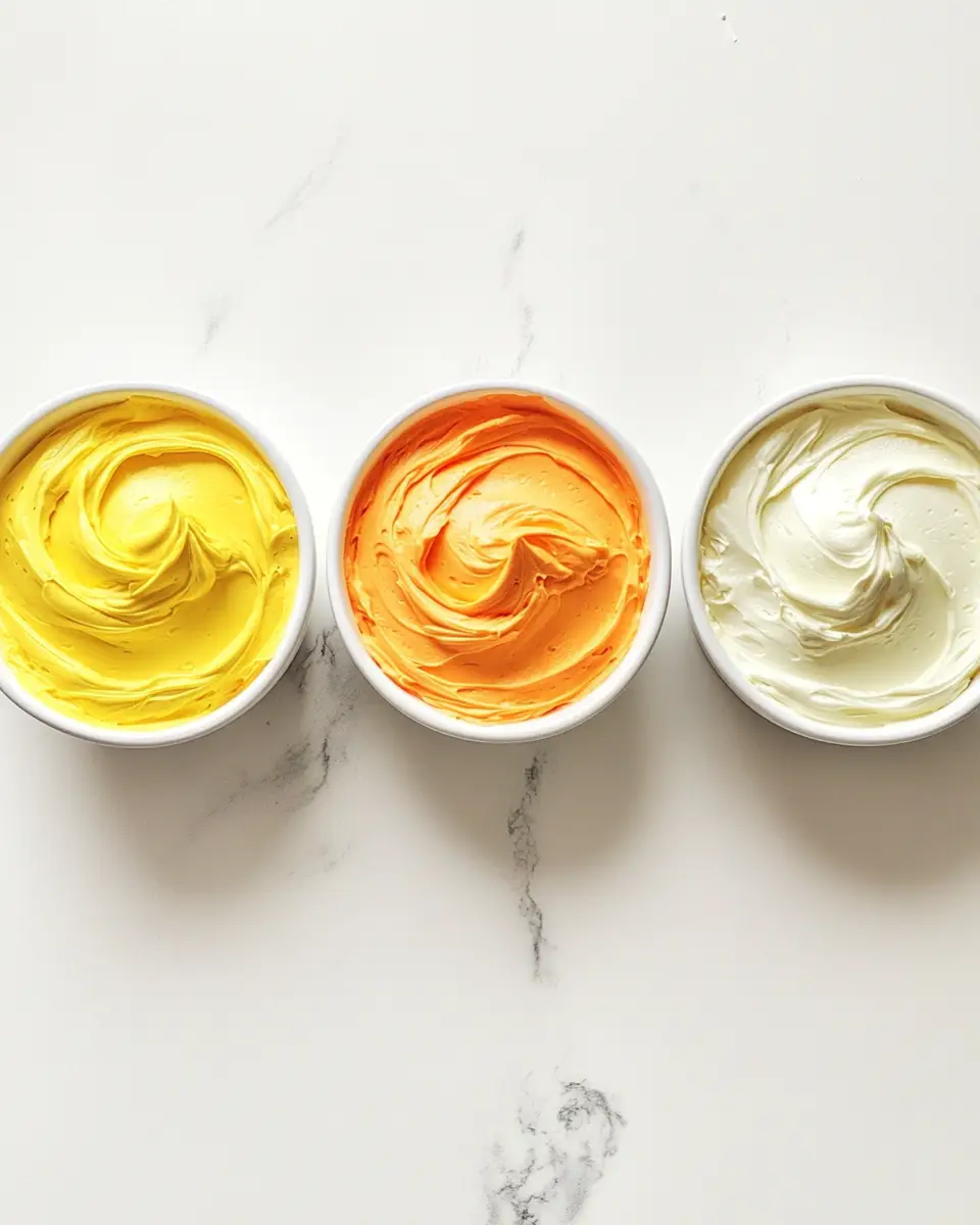 Candy Corn Cupcakes A photo showing the different colored batters—yellow, orange, and white—in separate bowls, ready to be layered into Candy Corn Cupcakes liners.