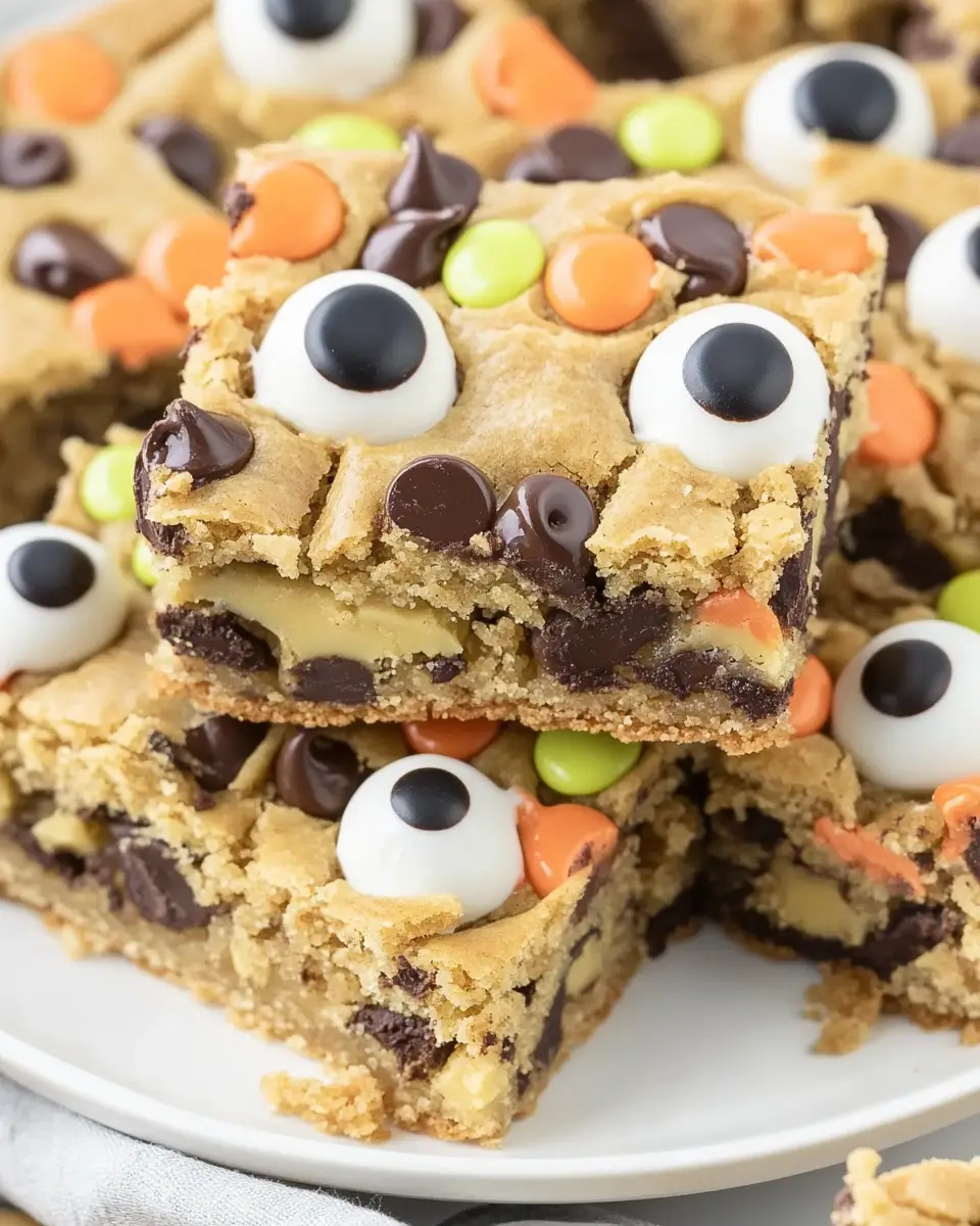 A close-up shot of a single Halloween Cookie Bars, showing its thick, chewy texture, melted chocolate chips, and colorful Halloween candies.