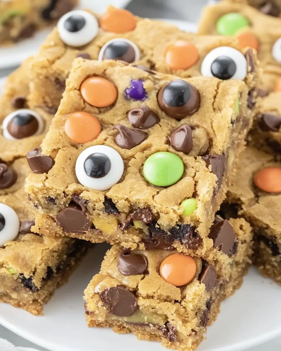 Halloween Cookie Bars1 Halloween Cookie Bars on a festive Halloween napkin, with one bar broken in half to show the gooey, peanut butter-oat center.