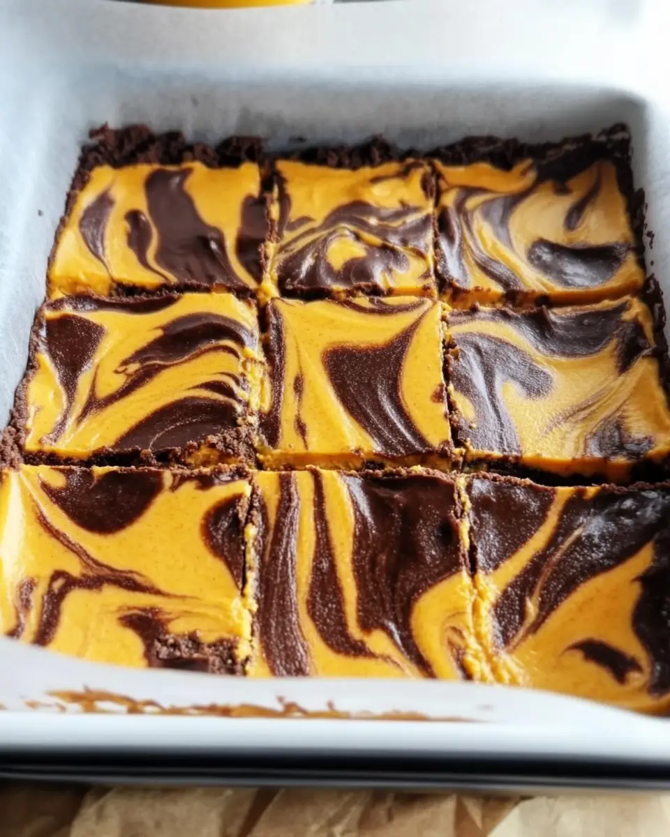 A square pan of freshly baked pumpkin brownies with a rich, dark chocolate and vibrant orange pumpkin swirl.