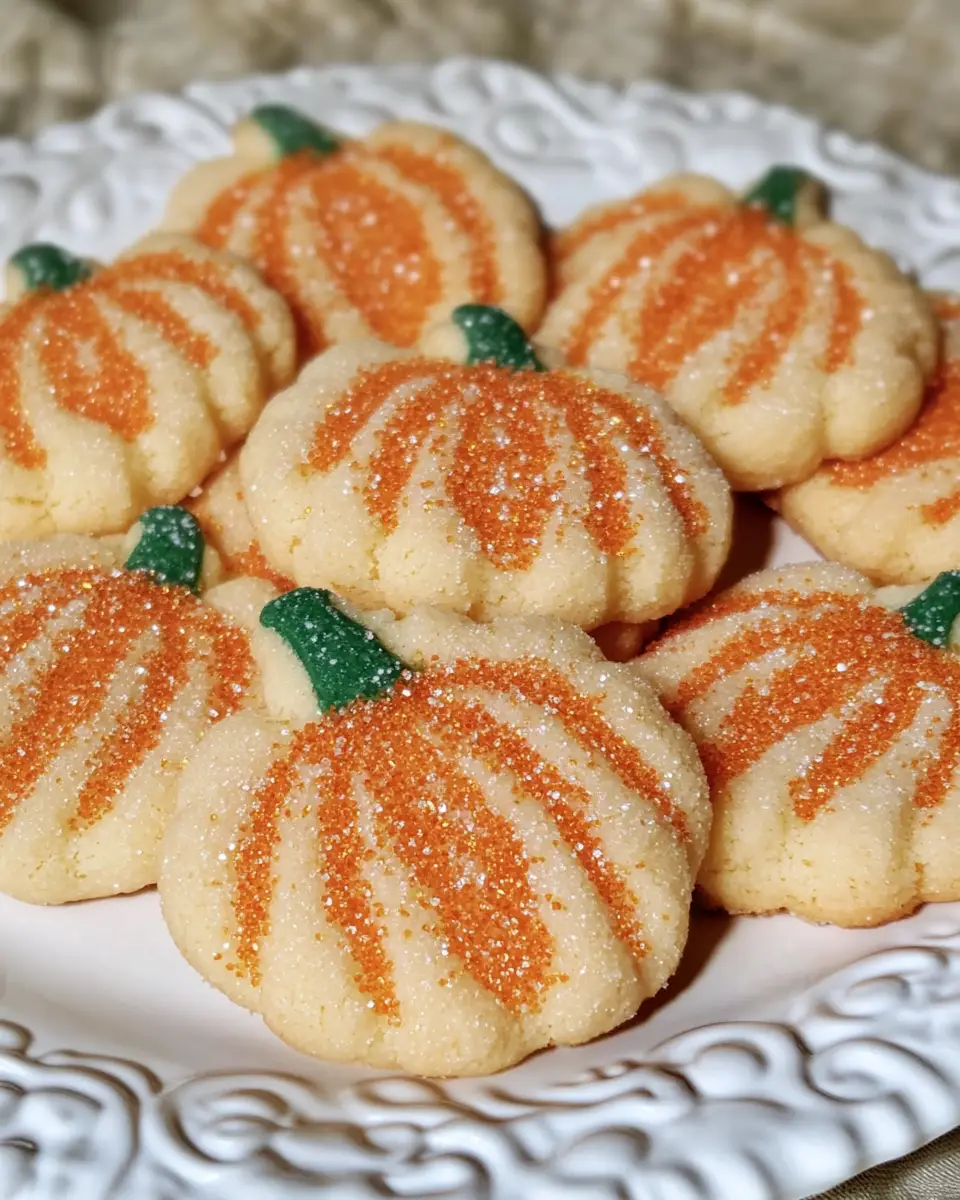 A close-up shot of a dozen Pumpkin Spritz Cookie, lightly dusted with orange sanding sugar, on a cooling rack.