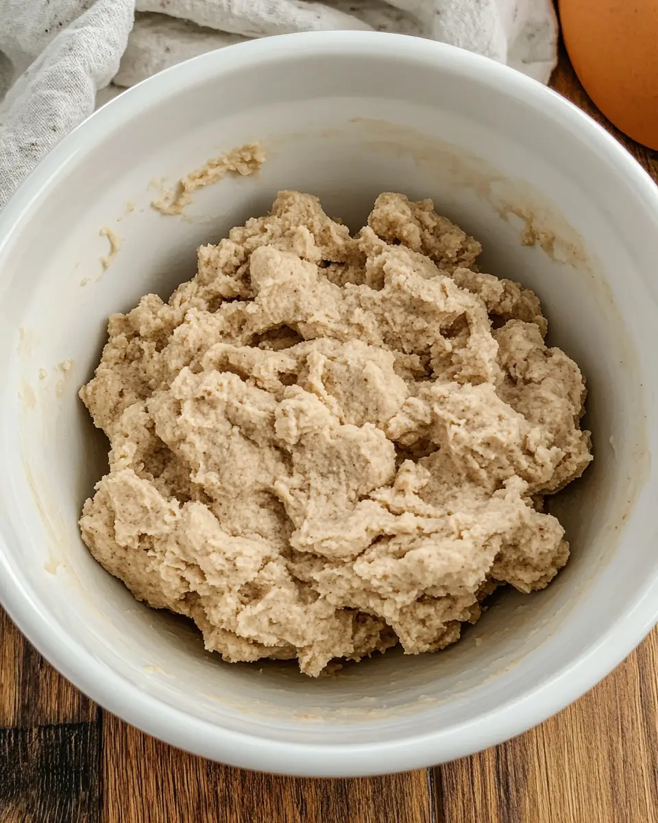 A mixing bowl filled with soft, pale yellow pumpkin spritz cookie dough, with a spatula resting inside it.