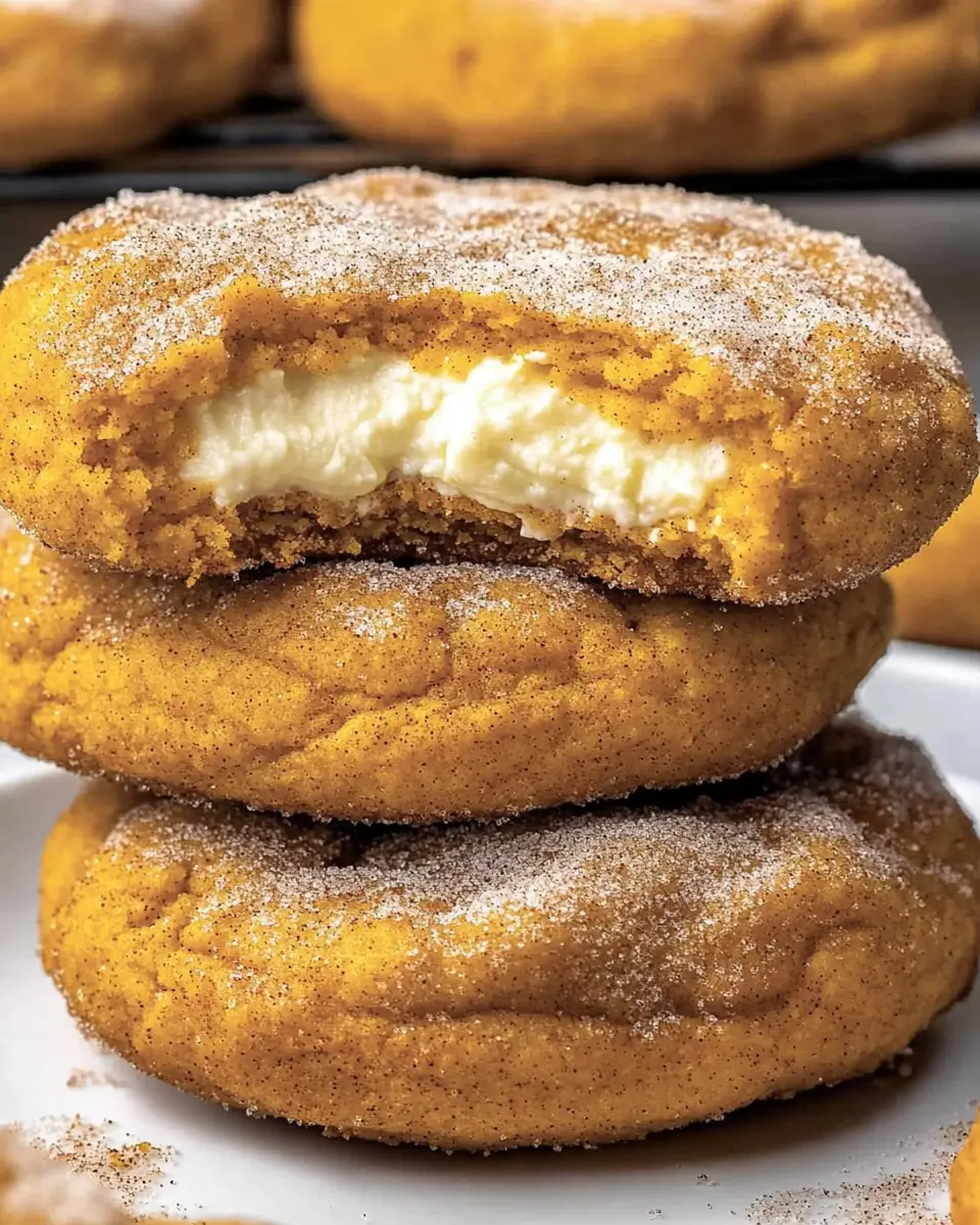 A close-up shot of a single snickerdoodle pumpkin cheesecake cookies broken in half, showing the soft cookie exterior and the creamy, white cheesecake center.