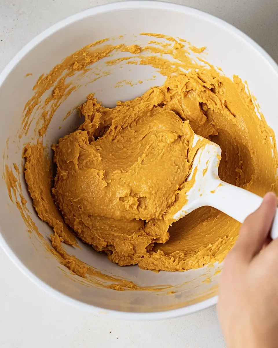Snickerdoodle Pumpkin Cheesecake Cookies A bowl of softened cream cheese and sugar being mixed with a spatula, Snickerdoodle Pumpkin Cheesecake Cookies