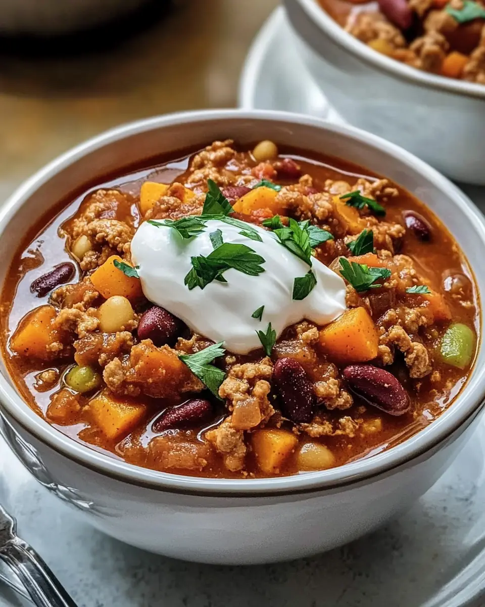 A top-down shot of a large bowl filled with rich sweet potato turkey chili, garnished with a dollop of sour cream