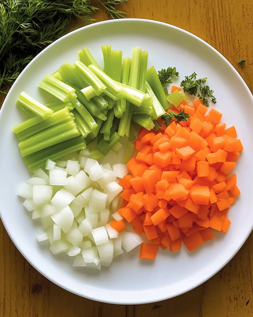 Classic Chicken Noodle Soup A close-up shot of chopped carrots, celery, and onions being prepared for Classic Chicken Noodle Soup