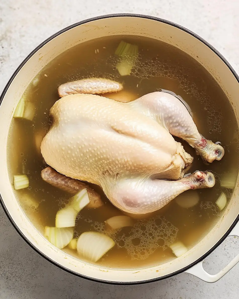 Classic Chicken Noodle Soup A large pot of chicken noodle soup simmering on the stove, with a large chicken resting inside